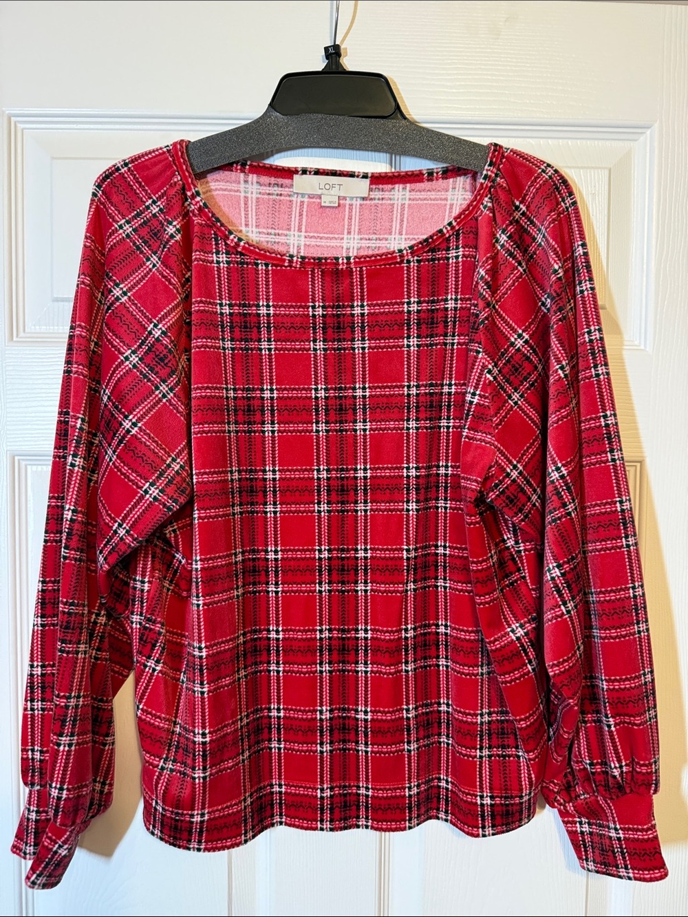 LOFT Red Plaid Long-Sleeve Scoop Neck Top